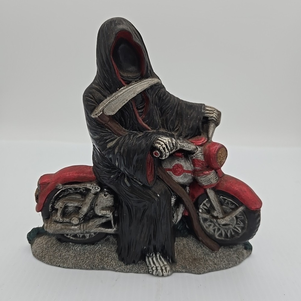 Grim Reaper Riding A Harley Davidson Style Motorcycle Ceramic Decor Figurine